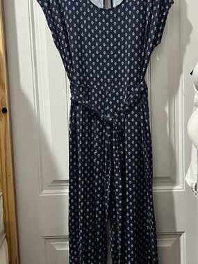 Old Navy Navy Blue Printed Jumpsuit with Tie Waist
